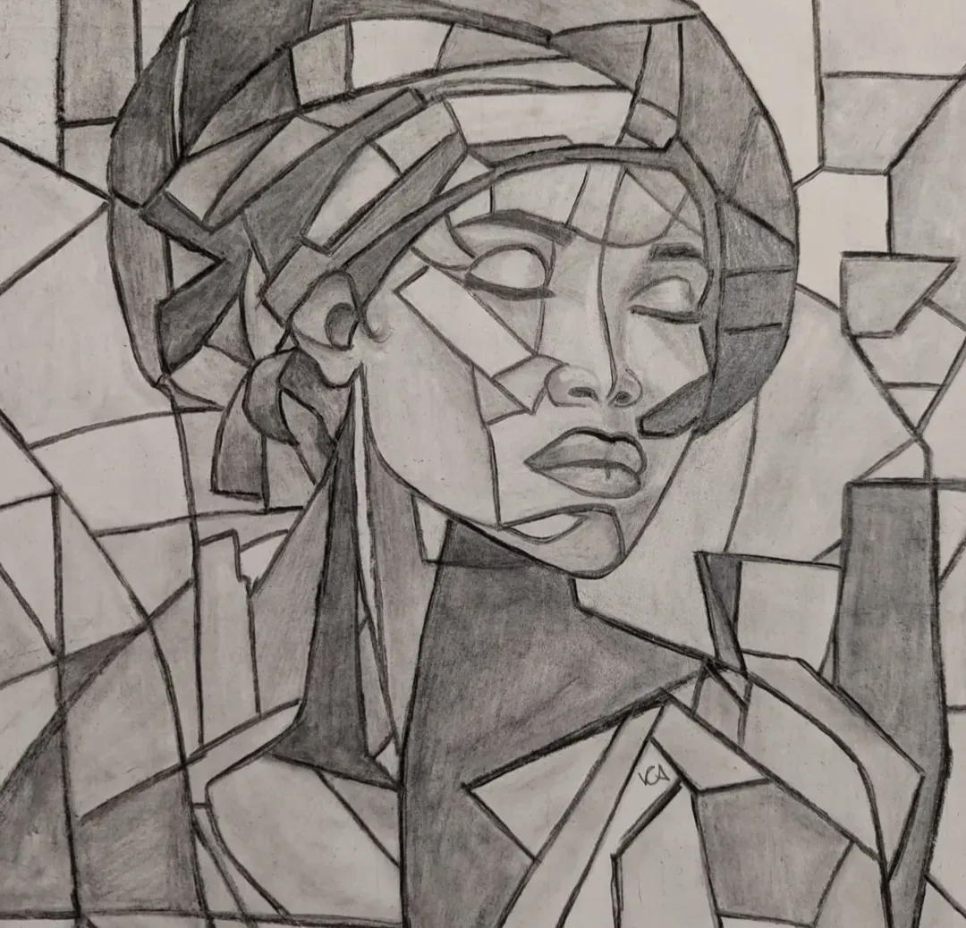Graphite drawing of a woman with closed eyes, broken into geometric shapes