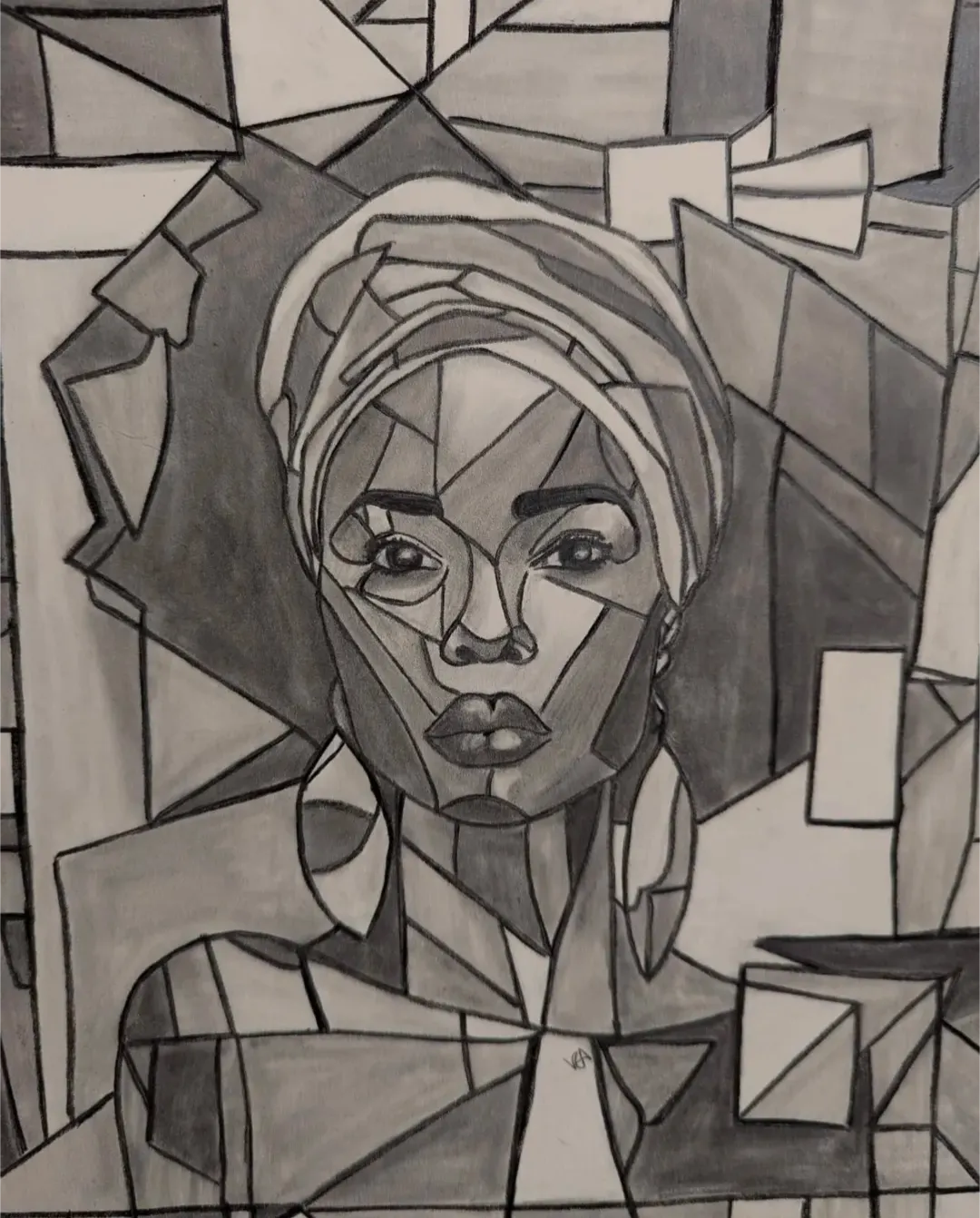 Graphite drawing of a woman in a head wrap, broken into geometric shapes