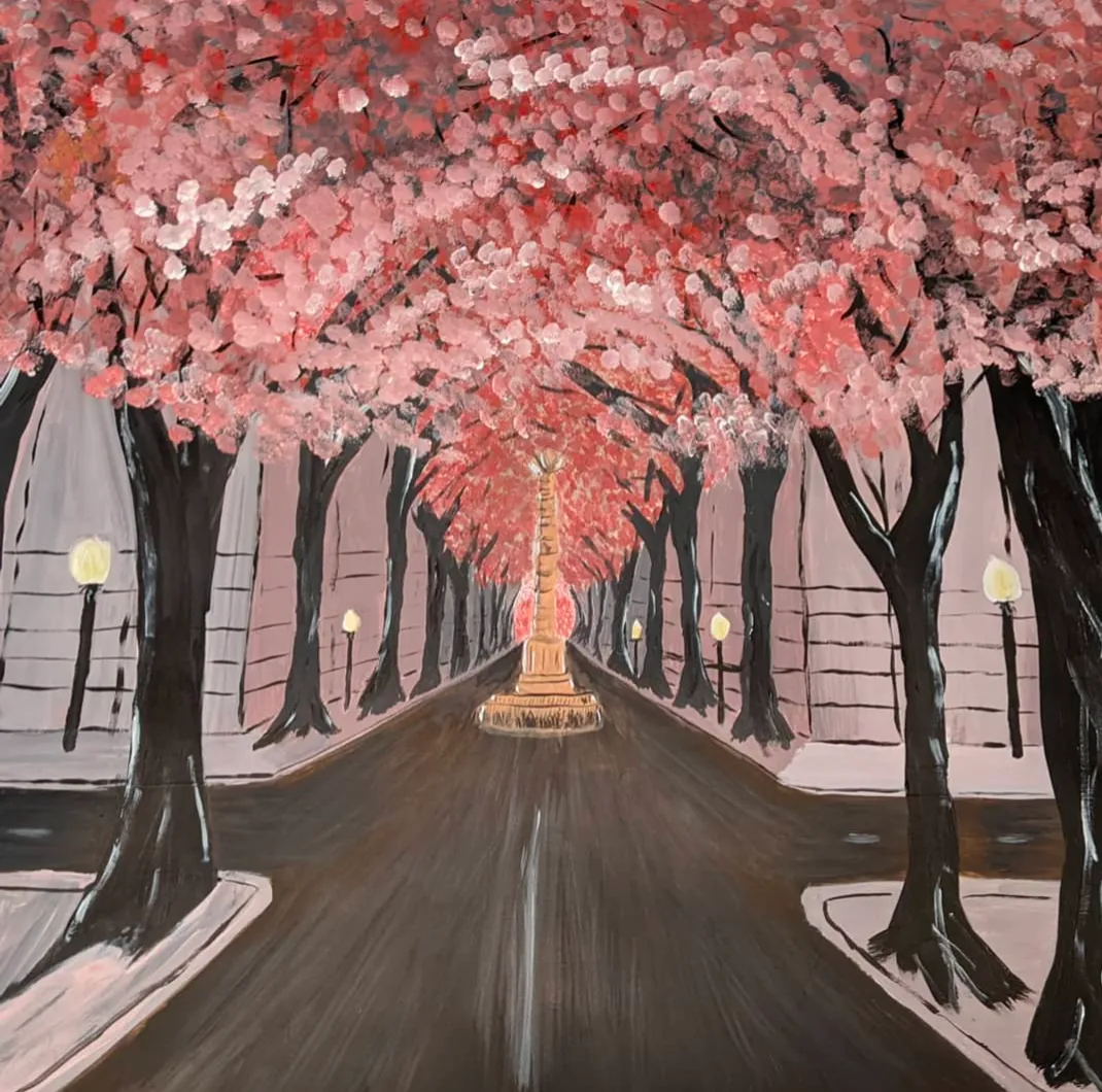 Painting of a road lined with pink blossoming trees at dusk