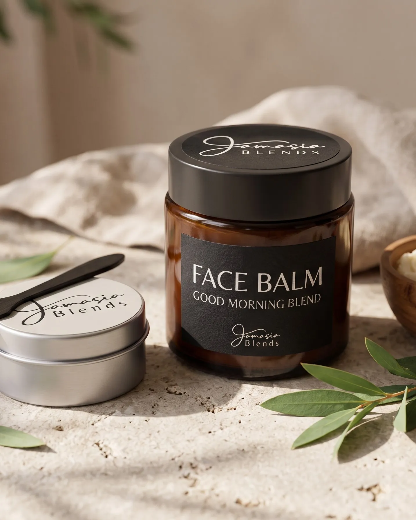 Face Balm, Good Morning Blend, in an amber jar with a black label