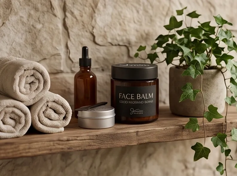 Jamasia Blends Face Balm on the bath shelf
